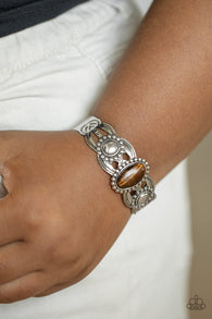 " Solar Solstice " Silver Metal & Tiger's Eye Stone Cuff Bracelet