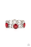 "Devoted To Drama" Silver Metal Large Ruby Red Rhinestone Stretch Bracelet