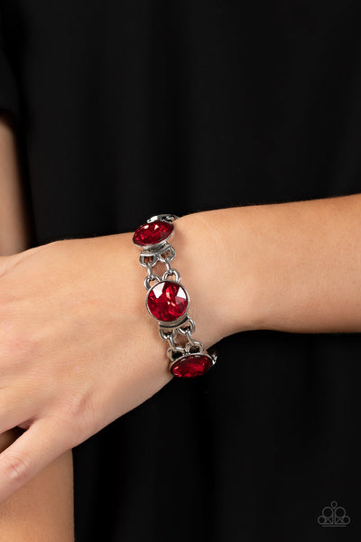 "Devoted To Drama" Silver Metal Large Ruby Red Rhinestone Stretch Bracelet