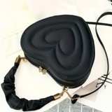 Black Stitched Heart Novelty Handbag/Crossbody Bag with Ruffled Accent Handle
