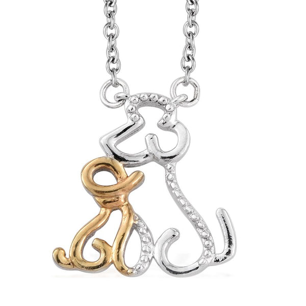14K YG over Sterling Silver Mother Dog and Puppy on a Stainless Steel Necklace (20 in)
