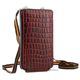 Genuine Leather Crocodile Embossed RFID Crossbody Bag & Phone Holder in RED/BURGUNDY