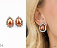 "Old Hollywood Opulence" Silver Metal Pearly Brown Teardrop Clip-On Earrings