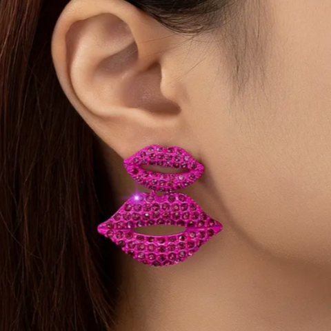 An Extra HOT Sparkly PINK Lipstick Lips Featuring A Larger and Small Pair of Lips Post Earring
