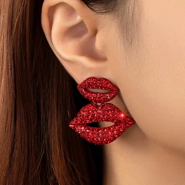 An Extra HOT Sparkly Red Lipstick Lips Featuring A Larger and Small Pair of Lips Post Earring