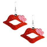 Sexy Acrylic RED Glitter Lipstick Lips with PINK Double Heart Accent Pair of Earrings