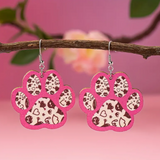Adorable Animal Pet Paw Print 2D Laser Cut Wooden Earrings in Pink with Black Accent Icons