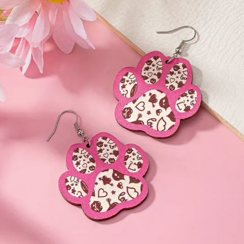 Adorable Animal Pet Paw Print 2D Laser Cut Wooden Earrings in Pink with Black Accent Icons