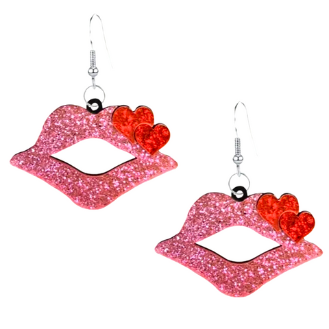 Sexy Acrylic PINK Glitter Lipstick Lips with RED Double Heart Accent Pair of Earrings