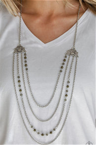 "Pharaoh Finesse " Silver Metal Green Bead Multi Chain Necklace Set