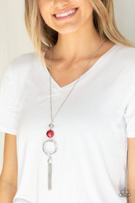 "Bold Balancing Act" Silver Pearly Red Bead Circle Tassel Necklace Set