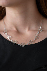 "Always Abloom" Dainty Silver Chain & Gray Pearl Open Flower Necklace Set