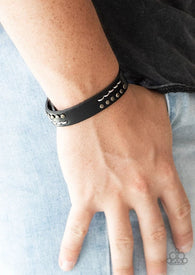 "Always an Adventure" Men's Black LEATHER with Stitching Detail Snap Bracelet