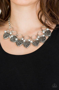 "Very Valentine" Silver Hearts & GRAY Pearls Stunning Necklace Set