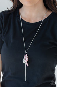 "It's a Celebration" Silver Metal Pink Beads & Spheres Cluster Tassel Necklace Set