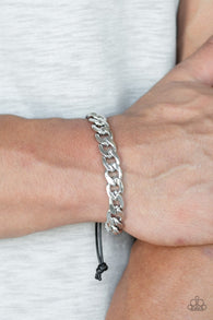 " Renegade" Men's Silver Metal Cable Link Black Cord Slide Adjustable Bracelet