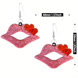 Sexy Acrylic PINK Glitter Lipstick Lips with RED Double Heart Accent Pair of Earrings
