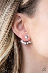 "Jeweled Jubilee" Silver Metal Clear Round Rhinestone Bowed Ear Jacket Earrings