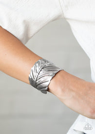 " Were There is a Quill There is a Way " Silver Metal Feather Cuff Bracelet