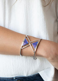 "Pyramid Palace" Silver Metal Modern Triangle Blue Acrylic Cuff Bracelet