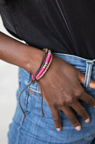 Paparazzi "Totally Tiki" Brown & Pink Twine Wooden & Silver Beads Adjustable Unisex Bracelet