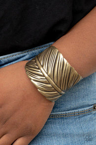 " Where There's is a Quill There is a Way " Brass Metal Large Feather Cuff Bracelet