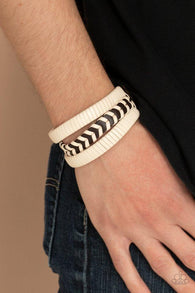 "Rough Roamer" Men's Brown Leather with White Weaved Accents Snap Bracelet