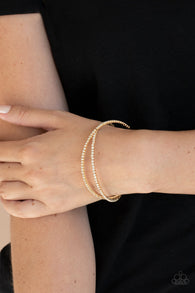 "Plus One Status" Gold Metal & Clear/White Rhinestone Crisscross Flexible Bracelet