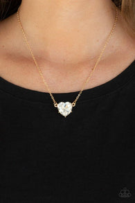 "She Works Heart For The Money" Gold Metal White Rhinestone Heart Necklace Set