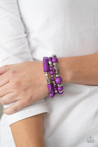 "Perfectly Prismatic" Silver Metal Purple Multi Shaped Bead Stretch Bracelet