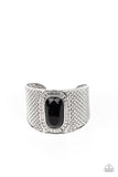 "Poshly Pharaoh" Silver Metal Faceted Black Stone Textured Cuff Bracelet