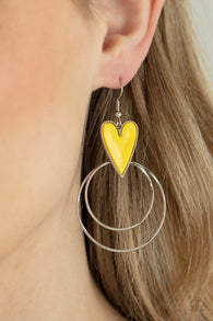 Paparazzi " Happily Ever Hearts " Silver Metal & Yellow Acrylic Heart in a Hoop Earrings