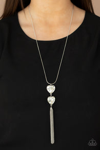 "Flirtatious of Them All" Silver Metal White Rhinestone Heart Tassel Necklace Set