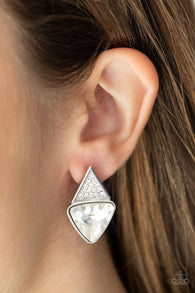 "Risky Razzle" Silver Metal & White/Clear Rhinestone Triangle Post Earrings