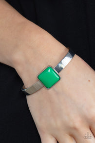 "Prismatically Poppin" Silver Metal & Faceted Square Green Stone Cuff Bracelet
