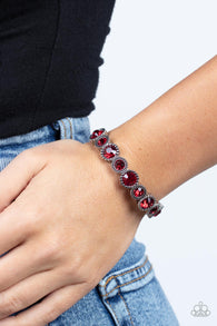 "Phenomenally Perennial" Silver Metal Ruby Red Rhinestone Stretch Bracelet
