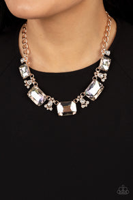 "Flawlessly Famous" Rose Gold Iridescent Emerald Cut Rhinestone Necklace Set