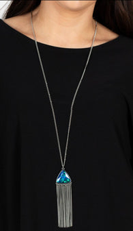 "Proudly Prismatic" Silver Metal & Multi UV Iridescent Trillion Tassel Necklace Set