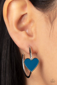 "Kiss Up" Silver Metal & Blue Enamel Heart in a Hoop Earrings