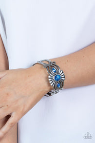 "Rural Rumination" Silver Metal & Blue & Creme Swirled Stone Cuff Bracelet