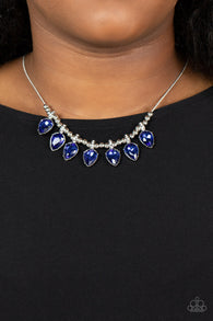 "Crown Jewel Couture" Silver Metal & Sapphire Blue Rhinestone Necklace Set