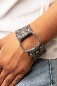 "Aspiring Adventurist" Gray Carbon Textured Leather & Silver Ring Snap Bracelet