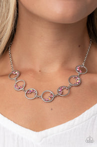 "Blissfully Bubbly" Silver Metal & Pink Iridescent Rhinestone Multi Circle Necklace Set