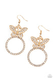 "Paradise Found" Gold Metal & White/Clear Rhinestone Butterfly Hoop Earrings