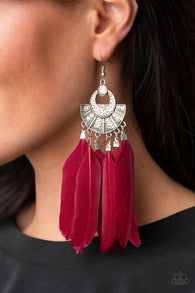"Plume Paradise" Silver Metal Accents & Multi Red Feather Dangle Earrings