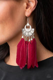 "Plume Paradise" Silver Metal Accents & Multi Red Feather Dangle Earrings