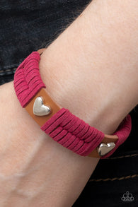 "Lusting for Wanderlust" Brown Leather, Pink Suede & Silver Heart Snap Bracelet