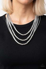 "Mechanical Mania" Multi Gray Cord & Silver Metal Bars Layered Necklace Set