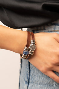 "All Willy-Nilly" Brown Leather Gunmetal/Silver Rings & Blue Cats Eye Adjustable Bracelet