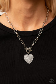 "If You Lust" Silver Metal & White/Clear Rhinestone Heart Toggle Necklace Set